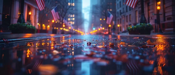Papier Peint photo autocollant Etats Unis Lights in the city, Street in the city, A Row of American Flags on a City Street. Memorial Day , independence day, usa flag, labor day, illustration Ai generated image