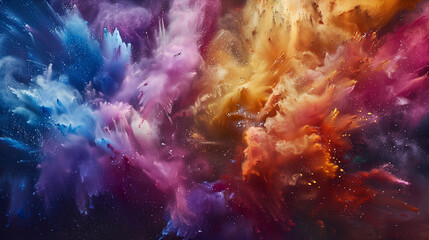 An intricate dance of colorful powder frozen in mid-explosion, each particle a fleeting masterpiece...