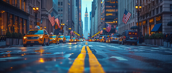 city at night of usa flag, Street in the city, A Row of American Flags on a City Street. Memorial Day , independence day, usa flag, labor day, illustration Ai generated image