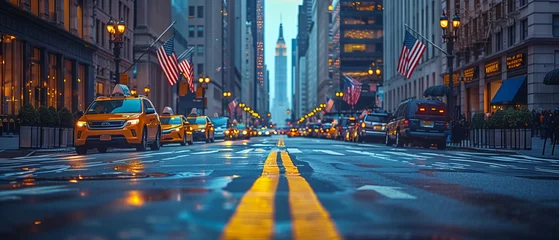 Papier Peint photo Lavable Etats Unis city at night of usa flag, Street in the city, A Row of American Flags on a City Street. Memorial Day , independence day, usa flag, labor day, illustration Ai generated image