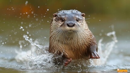 Fototapeta premium A playful otter tumbles through the water its sleek fur glistening with droplets as it splashes with joy.