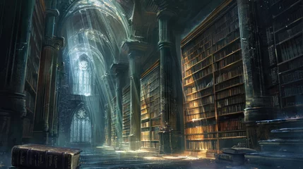 Foto op Aluminium Oud gebouw An ancient library filled with magical books, glowing orbs, and mystical artifacts. Shelves reach up to a high, vaulted ceiling, with soft light filtering through stained glass windows. Resplendent.