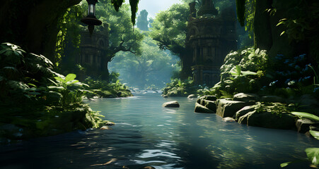 a river is flowing through a lush green jungle