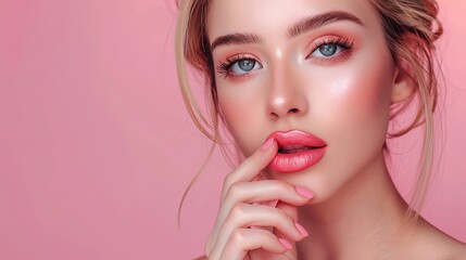 Portrait of a beautiful young woman applying pink lip colors to her cute pout lips with a luxury pink lipstick isolated on pink background,   - obrazy, fototapety, plakaty