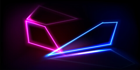 Abstract neon light arrow line background in vector. Blue and pink futuristic laser effect banner. Shine led night bar geometric show backdrop. Bright color cyber design for party with direction sign