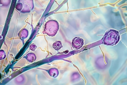 Visualizing Aspergillus Fungal Hyphae in a Lung Cell Block Specimen Obtained through Bronchoalveolar Lavage. Concept Lung Histopathology, Aspergillus Infection, Fungal Hyphae, Bronchoalveolar Lavage