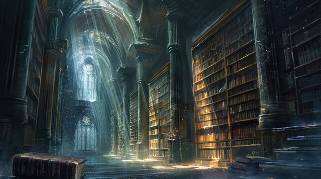 An ancient library filled with magical books, glowing orbs, and mystical artifacts. Shelves reach up to a high, vaulted ceiling, with soft light filtering through stained glass windows. Resplendent. - Powered by Adobe