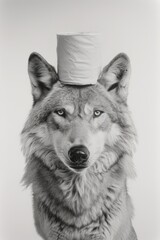 studio portrait of a grey wolf with a roll of toilette paper on his head