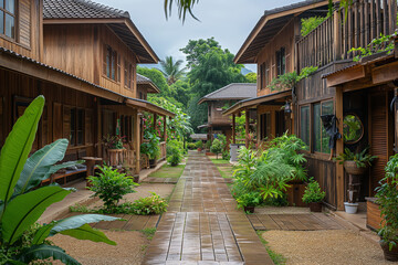 Fototapeta na wymiar The created image combines the tranquility and architectural beauty of a traditional resort. Surrounded by lush nature. wood and stone structures Reflecting modern Asian feelings 