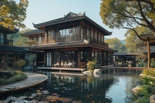 The created image combines the tranquility and architectural beauty of a traditional resort. Surrounded by lush nature. wood and stone structures Reflecting modern Asian feelings	