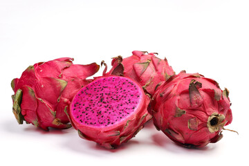 Ruby red exotic cactus dragon fruit whole cut half on white background - 768481026