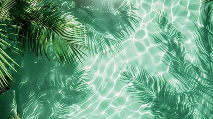 Water background palm leaf shadow on abstract white sand beach background, sun lights on water surface, beautiful abstract background concept banner for summer vacation at the beach green aqua texture