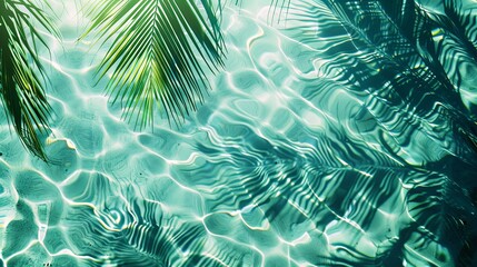 Water background palm leaf shadow on abstract white sand beach background, sun lights on water...