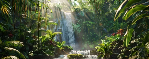 Gordijnen Beautiful tropical rainforest with sunlight © FATHOM