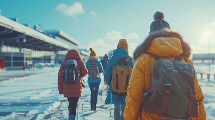 Young group of friends traveling exploring, enjoying the view of the airport, lifestyle concept winter vacation outdoors. Female standing near the airport in sunny day, travel in the snow, freedom