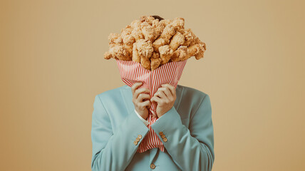 A man holds a bouquet of flowers made from fried chicken.