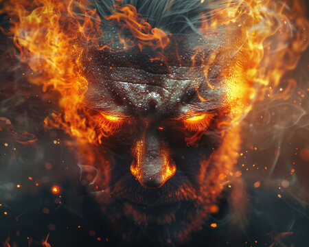 Close-up of a furious businessman with a fiery aura around his head, smoke rising, depicting overwhelming stress and anger Emotional, impactful.