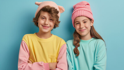 boy and girl in pastel colors, wearing pastel costume,  happy back to school children. 