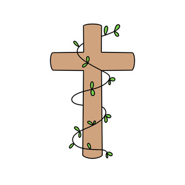 A cross with vines growing out of it. The image has a peaceful and calming mood