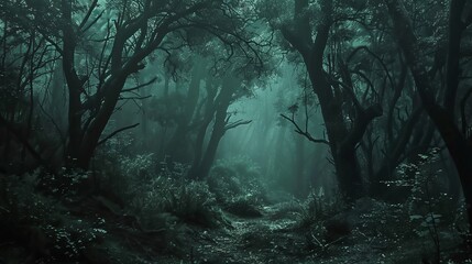Dark forest with thick underbrush and mystery  - obrazy, fototapety, plakaty