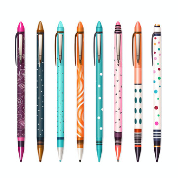 set of gel pens with patterns isolated on white background