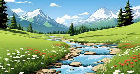an animated illustration of a river flowing between green fields and trees