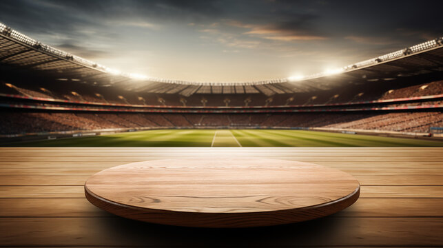 Round pedestal podium stage backdrop with football stadium on the background.Product promotion, background with copy space.Product promotion advertisement platform display mockup