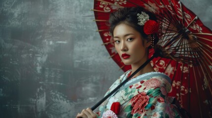 Japanese woman in a traditional kimono on concrete background. Female in asian clothes. 