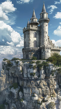 A medieval style castle with Gothic architecture stands imposingly on a rugged cliff, under a bright blue sky
