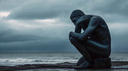 Stone statue of an crying man, sitting on the ground. Depression and Anxiety Concept.