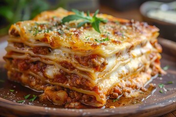 a piece of delicious lasagne on a wooden plate - food close-up