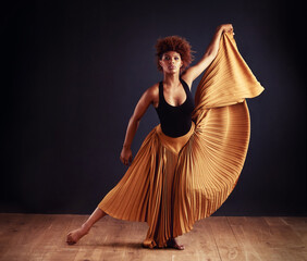 Contemporary, dancer and woman for dancing in studio with performance, training or practice lesson...