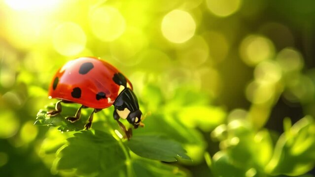 The head of a ladybug with its red and black polkadot pattern standing out against a blurred background of lush foliage.