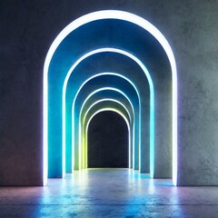 arch in the dark.an immersive 3D render showcasing a close-up view of abstract futuristic arch architecture illuminated by vibrant neon lights against an empty concrete floor. Utilize sleek and minima