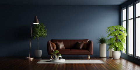Modern interior of living room with leather sofa on wood flooring and dark blue wall - 768484824