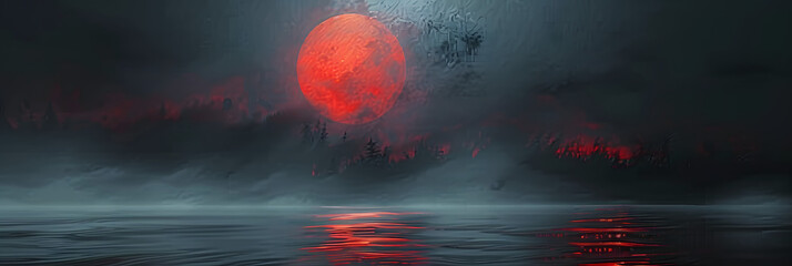 a painting of a red moon rising over a body of water in front of a dark, foggy sky.
