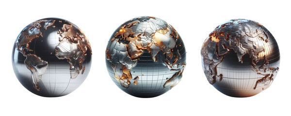 metal earth globes collection, Set of 3d earth globes isolated on transparent background - obrazy, fototapety, plakaty