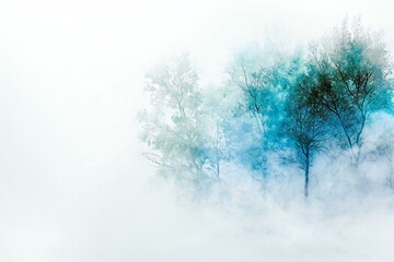 Foggy misty morning in the winter forest with trees