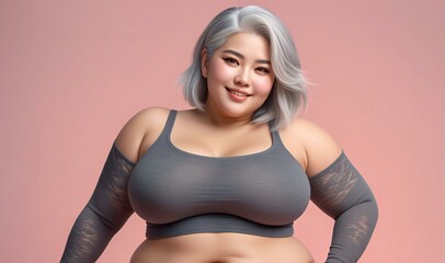 Plus size fat asian woman in gray sportswear on pink background - obrazy, fototapety, plakaty