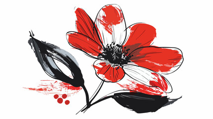 Minimal Sketchy Flower in black red white flat vector