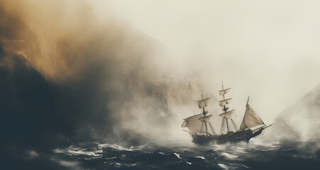 a tall sailboat is in a stormy sea
