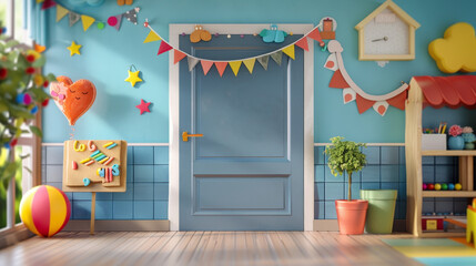 Teal door with party decorations in a room, playful, celebration, interior design.