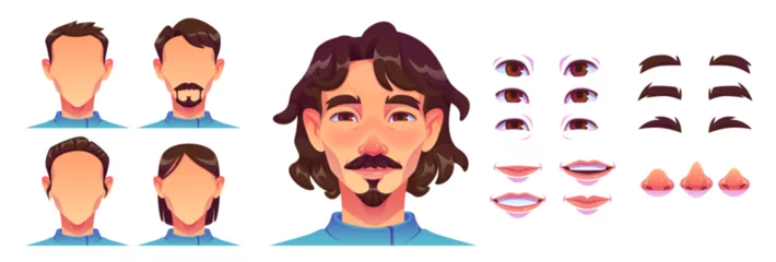 Gardinen Man avatar construction kit with different haircuts and eyes, brows and noses, lips smile, mustache and beard. Cartoon vector illustration set of customizable young male character head elements. © klyaksun