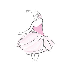Dancing woman. Ballerina in a pink dress. Art Line. © Lina