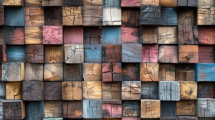 Abstract block stack wooden 3d cubes on the wall for background banner panorama, seamless pattern - Colorful wood texture for backdrop 