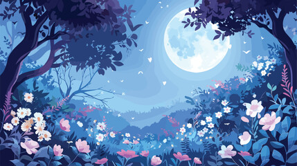 Moonlit garden filled with fragrant flowers and singin - obrazy, fototapety, plakaty