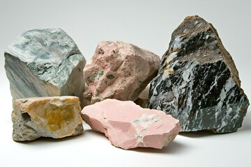 Stones, minerals and stones on a white background, close-up