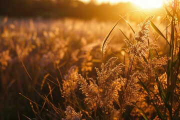 Sunset in a field with reeds and sunbeams - obrazy, fototapety, plakaty