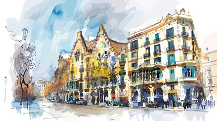 Watercolor barcelona architecture sketch generative  - obrazy, fototapety, plakaty