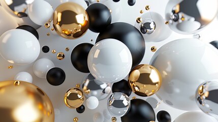 Dynamic 3D Arrangement. A striking 3D render showcasing a cluster of abstract spheres and solids in gold, white, and black, creating a visually dynamic composition.